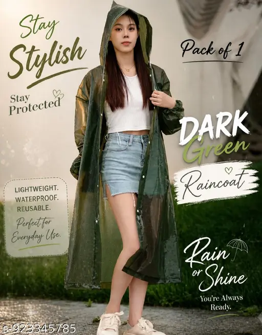(Dark Green) Waterproof Rain Coat with Hood Cap for Men and Women Free size Easy to carry