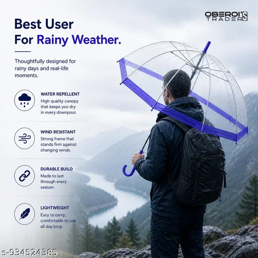 OBEROI’S TRADERS Transparent Umbrella with Windproof Frame & J Handle Waterproof Dome Rain Umbrella for Women, Men & Kids