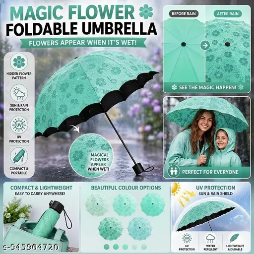 Magic Flower Color Changing Umbrella 3 Fold Foldable Rain & Sun UV Protection Travel Umbrella for Women, Men & Kids  Teal Color